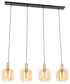 Eettafel / Eetkamer Design hanglamp zwart met messing en amber glas 4-lichts - Zuzanna Design E27 Binnenverlichting Lamp
