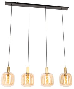 Eettafel / Eetkamer Smart hanglamp zwart met messing en amber glas 4-lichts incl. 4 Wifi G95 - Zuzanna E27 bol / globe / rond Binnenverlichting Lamp