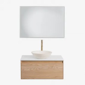 Tedrik Badkamermeubelset In Essenhout Ash Brown & Rond Cement Wit Ø40 Cm Zavion & Rechthoekige Led En Anticondens 100x70 Cm Riben & Goud - Sklum