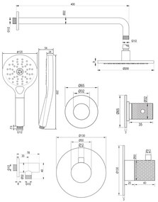 Brauer Copper Carving complete inbouw regendouche set 09 met 20cm douchekop, gebogen muurarm en 3 standen handdouche geborsteld koper PVD