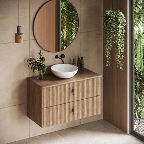 Muebles Mairi badmeubel ribbelfront 100cm warm eiken met witte waskom