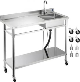 VEVOR RVS spoelbak (1200 x 500 x 1055 mm), enkele kom met kraan en wielen, keukenspoelbak voor garage, restaurant, wasruimte, buitenwasbak met werkblad (links)