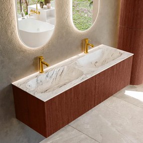 Mondiaz Kurve-dlux 140cm badmeubel ruby met 2 lades en wastafel stor small dubbel 2 kraangaten glace