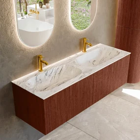 Mondiaz Kurve-dlux 140cm badmeubel ruby met 2 lades en wastafel stor small dubbel 2 kraangaten glace