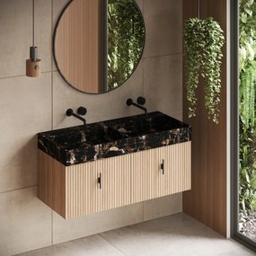 Muebles Zahora badmeubel ribbelfront 120cm naturel eiken met Portoro Gold wastafel zonder kraangaten