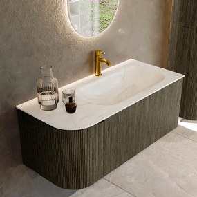 Mondiaz Kurve-dlux 105cm badmeubel ronding links shadow met 1 lade en deur en wastafel big small kraangat rechts ostra