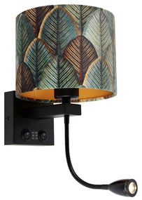 Wandlamp zwart met velours lampenkap blad dessin met gouden binnenkant - Brescia Combi
