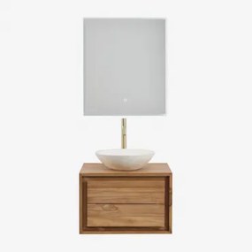 Jabari Teakhouten Badkamermeubelset Teakhout & Rond Cement Wit Ø40 Cm Zavion & Rechthoekige Led En Anticondens 60x70 Cm Riben & Goud - Sklum