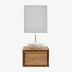Jabari Teakhouten Badkamermeubelset Teakhout & Rond Cement Wit Ø40 Cm Zavion & Rechthoekige Led En Anticondens 60x70 Cm Tamsin & Goud - Sklum
