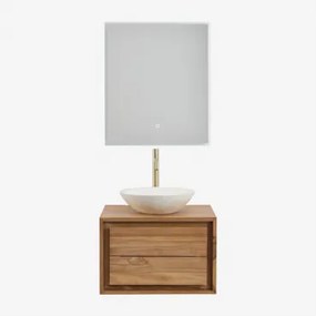 Jabari Zwevend Badkamermeubelset Van Teakhout Teakhout & Rond Cement Wit Ø40 Cm Zavion & Rechthoekige Led En Anticondens 60x70 Cm Riben & - Sklum