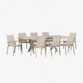 Karena Rechthoekige Uitschuifbare Tafelset 180-240x90 Cm En 8 Stapelbare Tuinstoelen Met Aluminium Armleuningen Tapioca Beige - Sklum