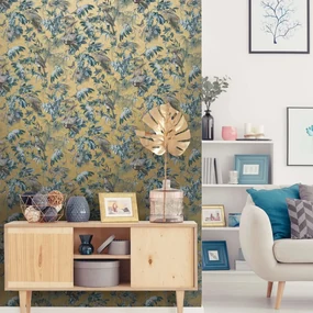 DUTCH WALLCOVERINGS Behang bladeren en vogels blauw en goudkleurig