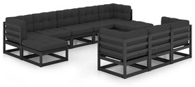 vidaXL 10-delige Loungeset met kussens massief grenenhout zwart