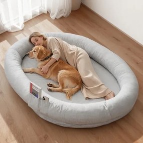 VEVOR Hondenmand voor mens en hond, 178x120x24 cm, Hondenmand van traagschuim op mensenformaat, met zijvak, handvat en ritssluiting, afneembare, machinewasbare hoes, kortpolig, grijs