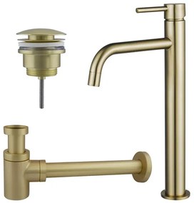 Fortifura Calvi Slim Wastafelkraanset - verhoogde wastafelkraan - klikwaste plug - verlaagde design sifon - Geborsteld Messing PVD (Goud) SW720546/SW696202/SW696218