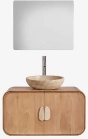 Hangend Badkamermeubelset 95x45 Cm Van Mangohout En Natuurlijke Kivalina-steen Rechthoekige Led En Anticondens 80x70 Cm Riben & Geborsteld Grijs ↑30 C