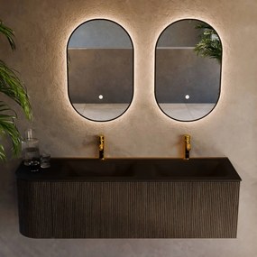 Mondiaz Kurve 145cm badmeubel ronding links shadow met 1 lade en deur en wastafel cloud dubbel/rechts 2 kraangaten urban