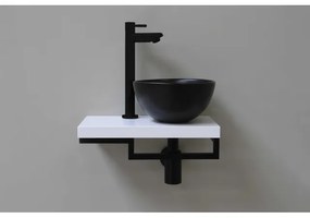 Proline fonteinset compleet met keramieken waskom mat zwart rechts, wit blad, kraan, sifon en afvoerplug mat zwart sw350670/sw350677/sw411447/sw450927/