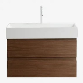 Badkamermeubelset Van Hout En Essenhoutfineer Met Geïntegreerde Wastafel Ona Donker Hout & Spiegelloze & Wit ↑20 Cm Met - Sklum