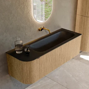 Mondiaz Kurve 135cm badmeubel ronding links oak met 1 lade en deur en wastafel big medium rechts zonder kraangat urban