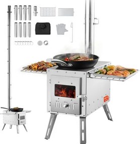 VEVOR Houtkachel, 590 x 790 x 2620 m, RVS Kampeertententkachel, Houtkachel met schoorsteenpijpen en handschoenen, 1646 kubieke inch Grote vuurdoos Tentkachel voor buiten koken en verwarmen met 8 pijpen