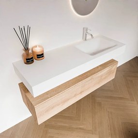 Zaro Alan badmeubel 130cm washed oak 1 lade met vrijhangende wastafel cloud rechts 1 kraangat talc
