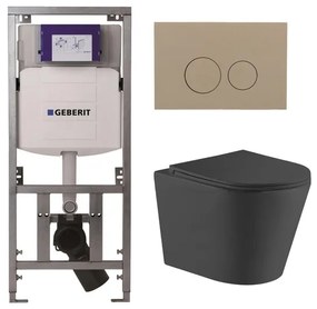 QeramiQ Dely Toiletset - 36.3x51.7cm - diepspoel - rimless - Geberit UP320 Burda inbouwreservoir - softclose toiletzitting - bedieningsplaat taupe - ronde knoppen - zwart mat SW1026253/0701131/SW1102378/SW1000768
