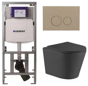 QeramiQ Dely Toiletset - 36.3x51.7cm - diepspoel - rimless - Geberit UP320 Burda inbouwreservoir - softclose toiletzitting - bedieningsplaat taupe - ronde knoppen - zwart mat SW1026253/0701131/SW1102378/SW1000768