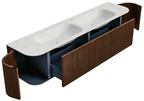 Mondiaz Kurve-dlux 190cm badmeubel ronding links/rechts walnut met 2 lades en deuren en wastafel stor small dubbel 2 kraangaten opalo