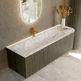 Mondiaz Kurve-dlux 145cm badmeubel ronding rechts shadow met 1 lade en deur en wastafel big large kraangat links glace