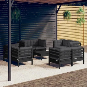 vidaXL 9-delige Loungeset met antracietkleurige kussens grenenhout
