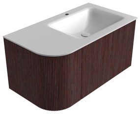 Mondiaz Kurve 85cm badmeubel ronding links ruby met 1 lade en deur en wastafel cloud kraangat rechts