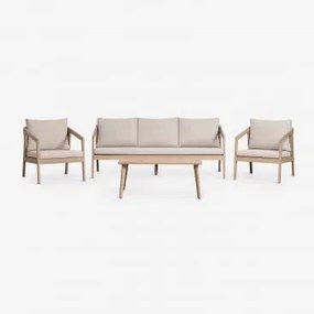 Tuinset Met 3-zitsbank, 2 Fauteuils En Salontafel Van Acaciahout En Gevlochten Touw Kaela Lichte Acaciekleur & Stof Zandbruin - Sklum