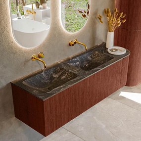 Mondiaz Kurve-dlux 145cm badmeubel ronding rechts ruby met 1 lade en deur en wastafel leaf dubbel/links zonder kraangat lava
