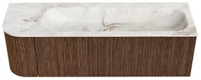 Mondiaz Kurve-dlux 145cm badmeubel ronding links walnut met 1 lade en deur en wastafel big large rechts 2 kraangaten frappe