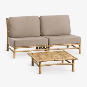 Tuinset Met 2-delige Modulaire Bank En Vierkante Salontafel 75x75 Cm Van Bamboe Isendra Mokka Bruine Stof - Sklum