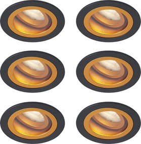 Set van 6 moderne inbouwspots zwart met goud draai- en kantelbaar IP44 - Chuck
