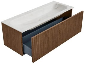 Mondiaz Kurve-dlux 120cm badmeubel walnut met 1 lade en wastafel big large midden 2 kraangaten ostra