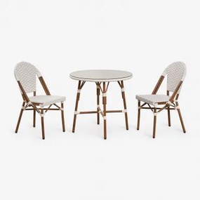 Brielle Bistro Ronde Tafelset, Ø80 Cm, En Twee Stapelbare Tuinstoelen Van Aluminium En Synthetisch Rotan. Naakt Beige - Gardenia Wit - Sklum
