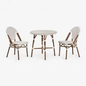 Set Ronde Tafel Ø80 Cm En 2 Stapelbare Tuinstoelen In Aluminium En Kunststof Rotan Brielle Bistro Naakt Beige - Gardenia Wit - Sklum