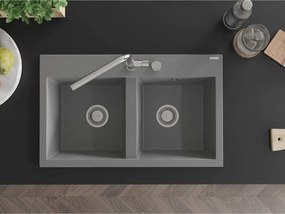 Mexen Hektor granieten gootsteen 2-kamer 800 x 480 mm, grijs, chrom sifon - 6521802000-71