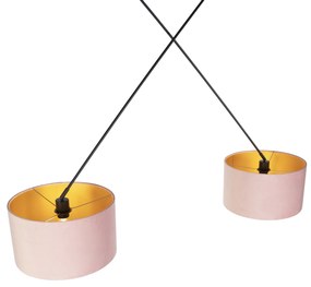 Hanglamp zwart met velours kappen roze met goud 35 cm 2-lichts - Blitz