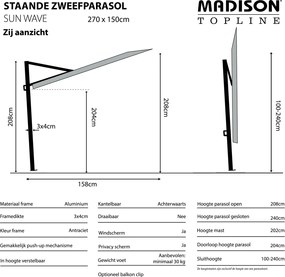 Madison Sun Wave stokparasol 270x150 cm - ecru