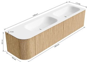Mondiaz Kurve 175cm badmeubel ronding links oak met 2 lades en 1 deur en wastafel big small dubbel/rechts zonder kraangat urban