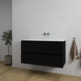 Adema Chaci Badkamermeubelset - 100x46x57cm - 1 keramische wasbak wit - zonder kraangaten - 2 lades - mat zwart SW1212776/SW773927