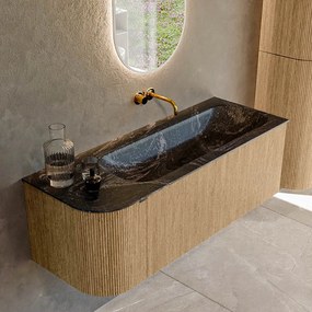 Mondiaz Kurve-dlux 125cm badmeubel ronding links oak met 1 lade en deur en wastafel big medium rechts zonder kraangat lava
