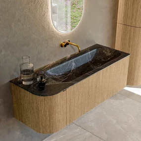 Mondiaz Kurve-dlux 125cm badmeubel ronding links oak met 1 lade en deur en wastafel big medium rechts zonder kraangat lava