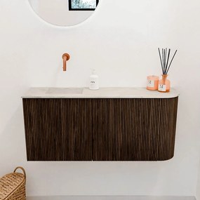 Mondiaz Joya DLux 90cm toiletmeubel ronding rechts walnut met wastafel faye links zonder kraangat ostra