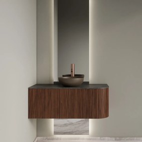Gliss Design Alluro badmeubel ribbelfront met ronding rechts 100cm walnut en zwart leisteen toppaneel