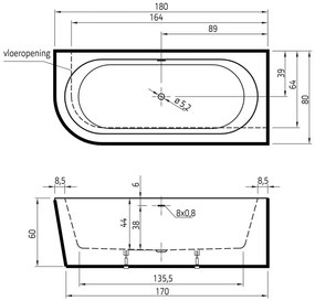 Xenz Charley half vrijstaand bad acryl 180x80x60cm rechts zwart mat met badvulcombinatie zwart mat